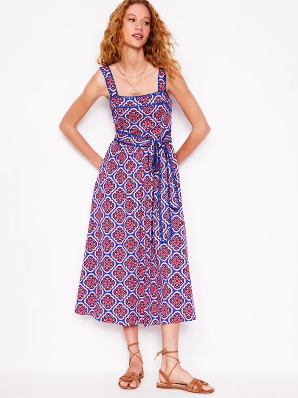 NEW Boden Square Neck Seam Midi Dress  Pink Blue Tile Print Tie Waist Belt US 14